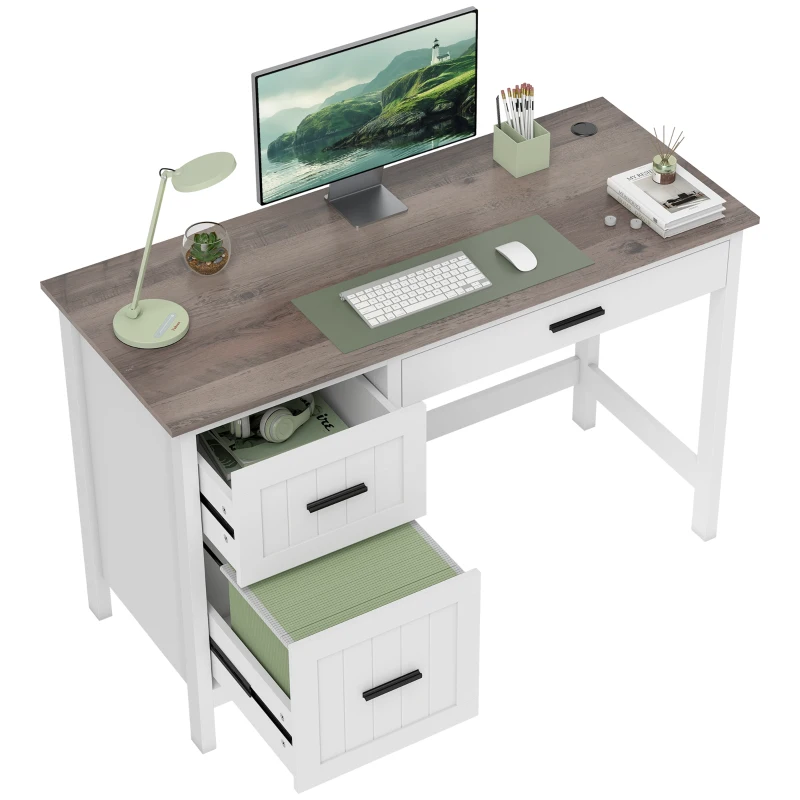 Computer Desk with 3 Drawers, Farmhouse Home Office Desk with File Drawer and Wood Grain Top