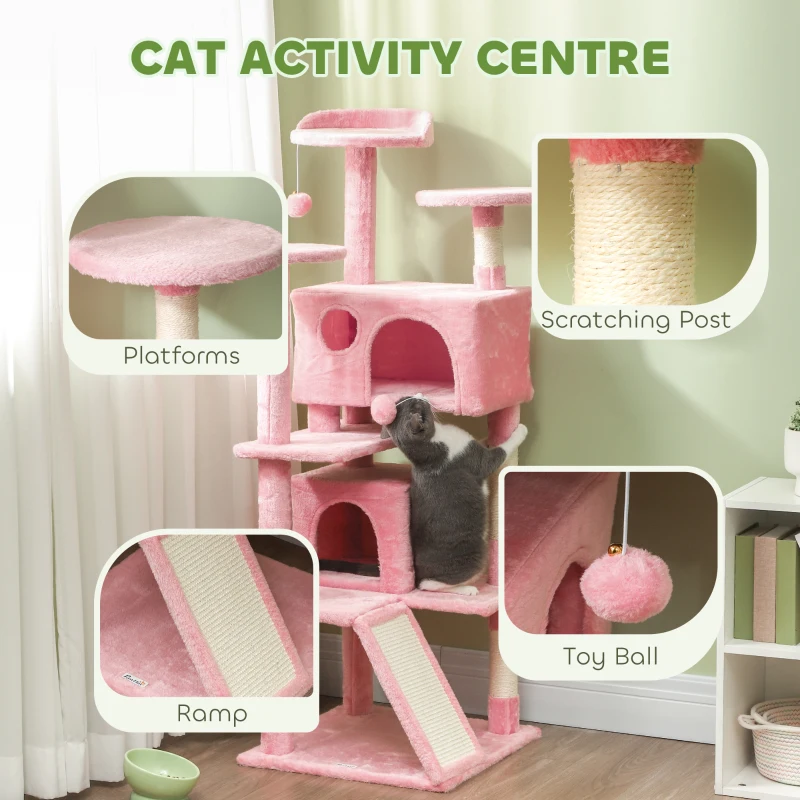 54" Cat Tree, Multi-Level Cat Tower with Scratching Posts, Cat Condos, Bed, Platforms, Ramp, Toy Ball