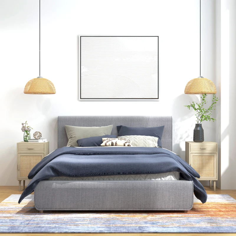 Bedside Tables Set of 2, Nightstands with Drawer, Rattan Cabinet, Adjustable Shelf