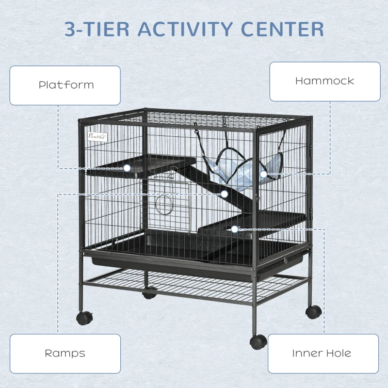 Small Animal Cage with Hammock, 3-Tier Ferret Cage Removable Tray