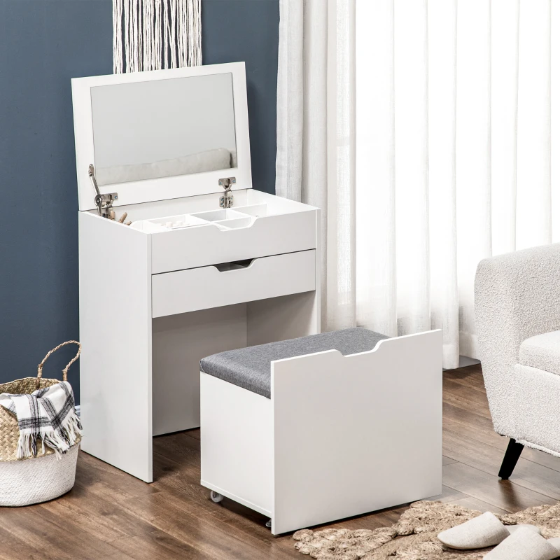  Vanity Set with Flip Top Mirror, Makeup Vanity Desk with Stool, Dressing Table with Drawer and 7 Compartments