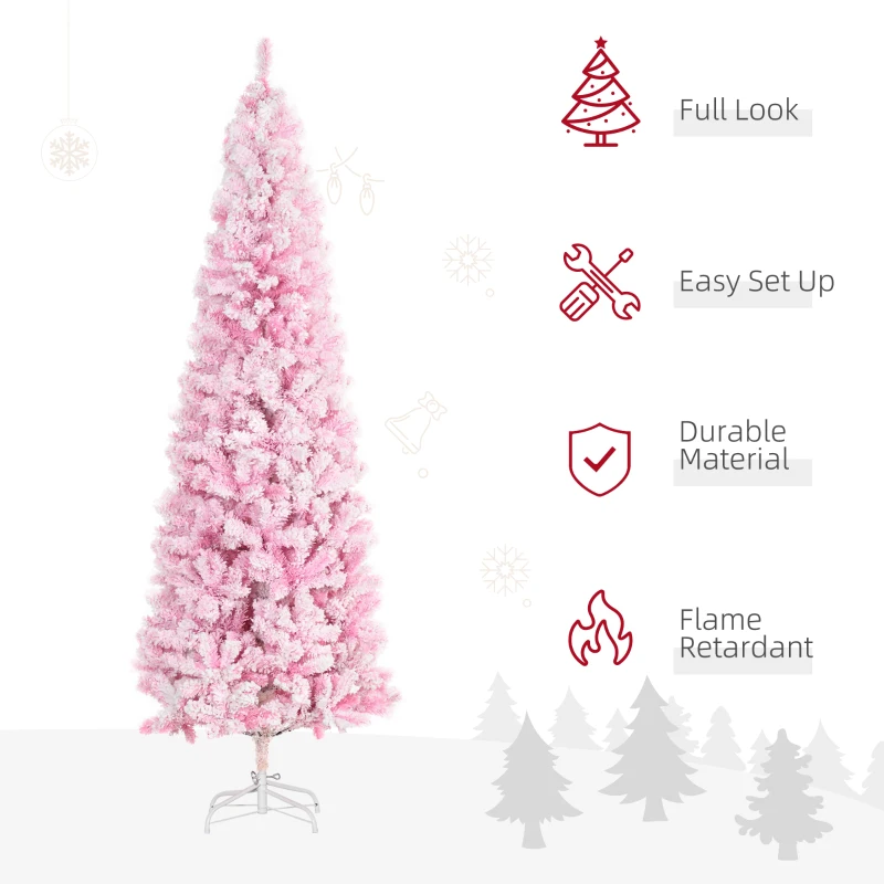 6 FT Snow Flocked Artificial Christmas Tree, Pencil Xmas Tree with Realistic Branches, Auto Open and Steel Base, Pink