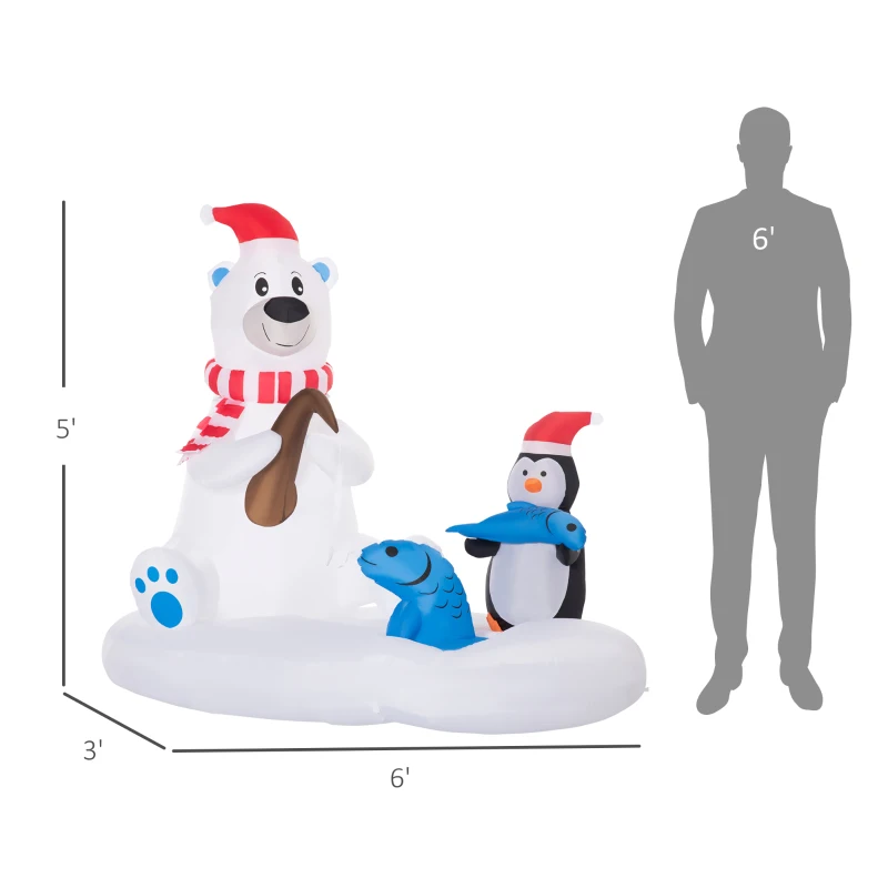  6ft Christmas Inflatable Polar Bear and Penguin with Santa's Hat Fishing on Board, Blow-Up Outdoor LED Yard Display for Lawn Garden Party