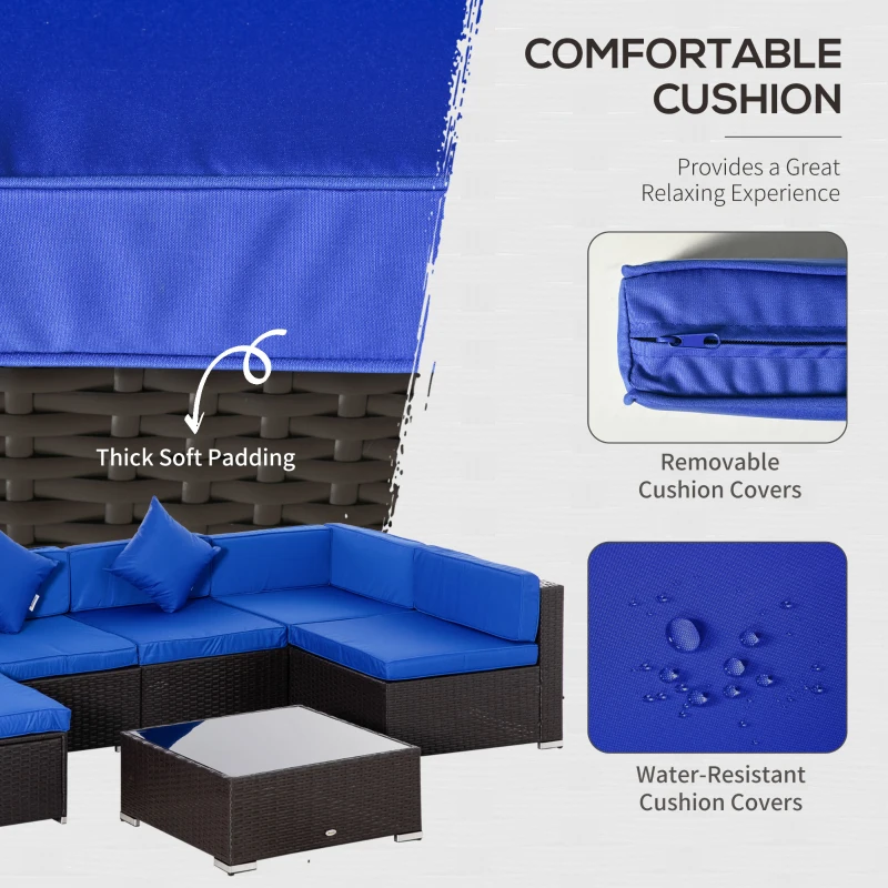  7 Pieces Outdoor Rattan Furniture Set, Patio Wicker Sectional Conversation Sofa Set, Blue