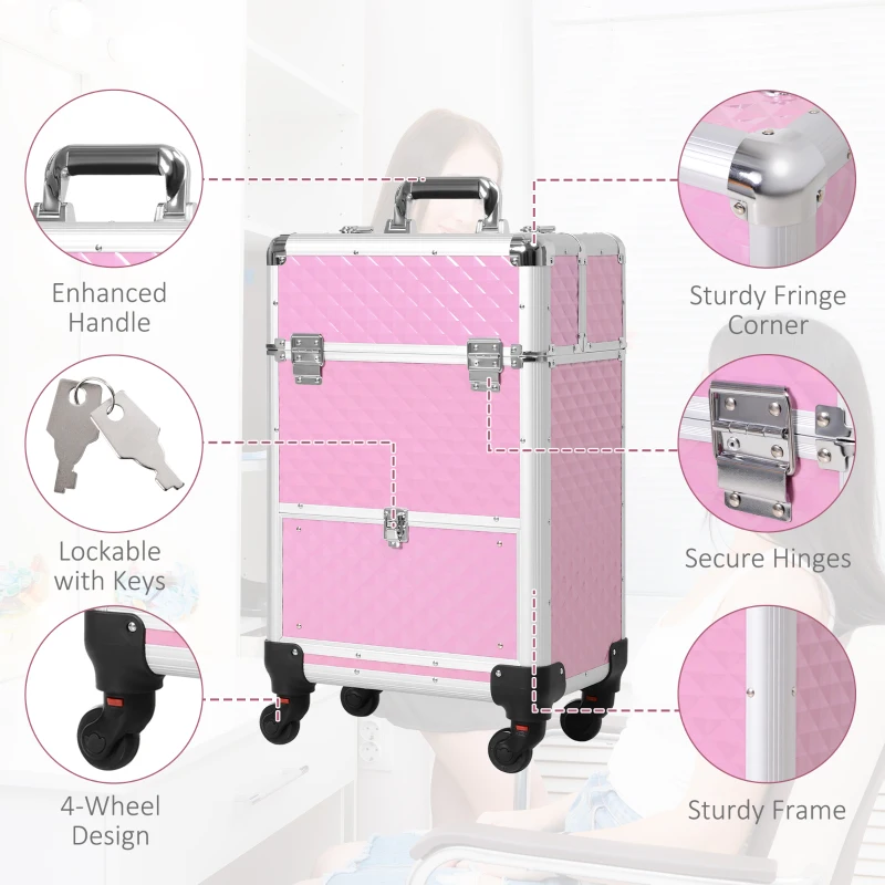 Portable Aluminum Makeup Train Cases, Rolling Makeup Case, Salon Beauty Cosmetic Jewelry Organizer Trolley with 4 Wheels