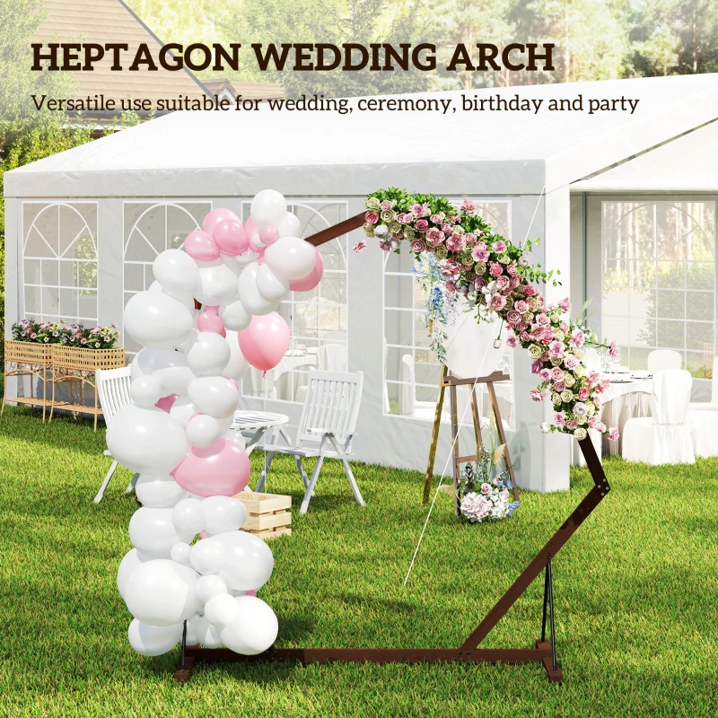 7FT Heptagon Wooden Wedding Arch with Triangular Base, Ground Stakes for Ceremony, Garden, Birthday