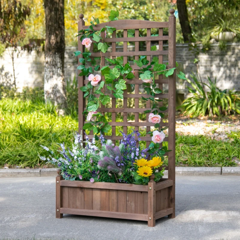 Raised Garden Bed with Trellis, Wood Planter Box for Garden, Free Standing Flower Bed, 25.2" x 11" x 47.2"