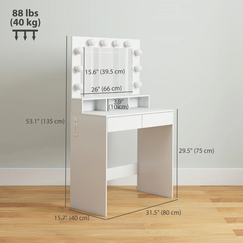 Vanity Table, Makeup Dressing Table with LED Lighting Mirror, Charging Station and Drawers
