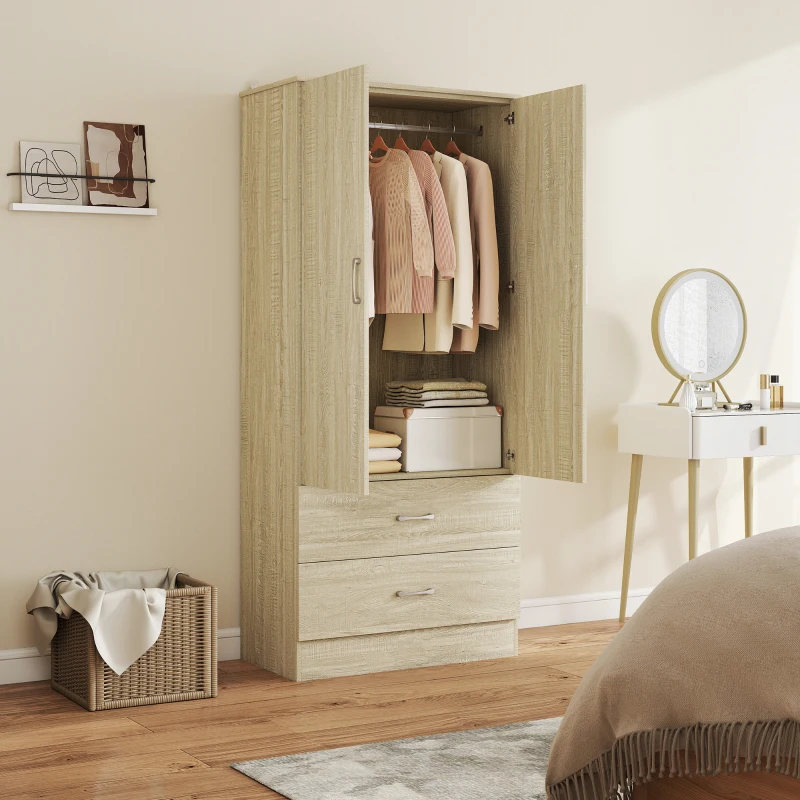 Wardrobe Closet Armoire with Hanging Rod and 2 Doors, Clothes Storage Organizer with 2 Drawers
