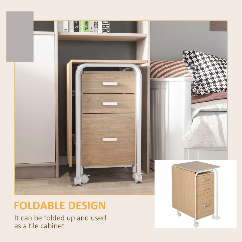 Foldable Computer Desk with Drawers, Executive Student Table with Storage Shelf, 6 Wheels