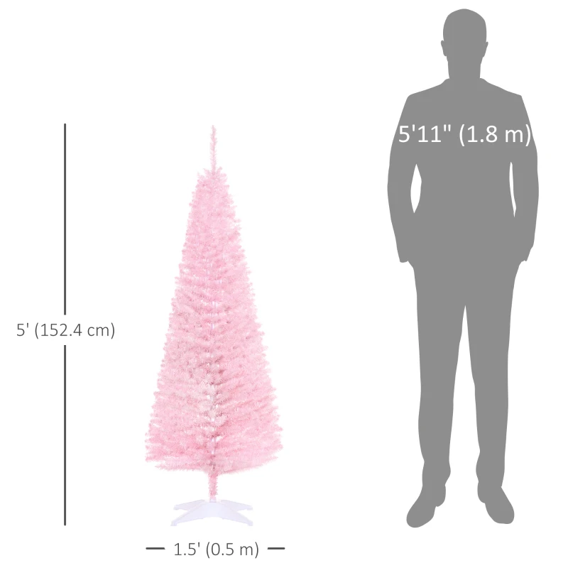  5FT Artificial Christmas Tree, Pencil Christmas Tree with Realistic Branches, Stable Stand, Pink