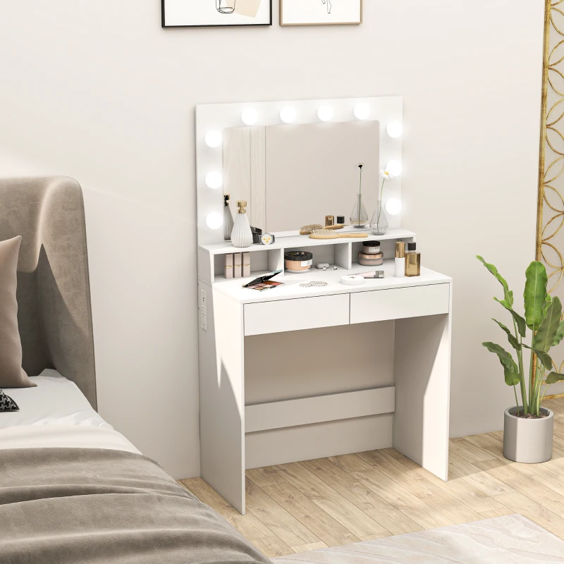 Vanity Table, Makeup Dressing Table with LED Lighting Mirror, Charging Station and Drawers