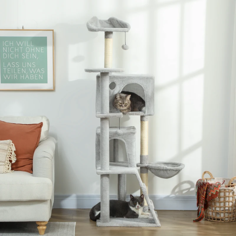63 Inch Cat Tree with Sisal Scratching Posts, Condos, Plush Perches, Hammock, Ladder, Dangling Balls