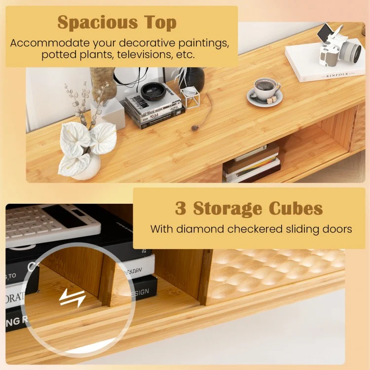 63 Inches Mid Century Modern Bamboo TV Stand with Sliding Doors