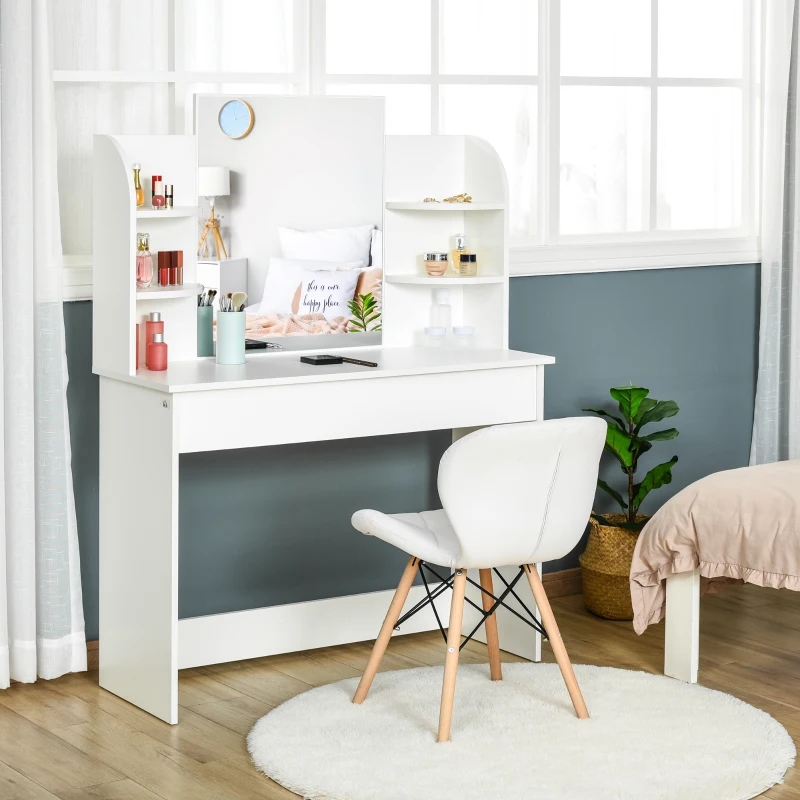 Vanity Desk with Mirror, Makeup Vanity with Open Shelves and Drawer