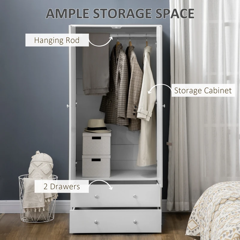 Modern Wardrobe Closet Armoire with 2 Drawers and Hanging Rod, Clothes Storage Organizer with Anti-tipping Design