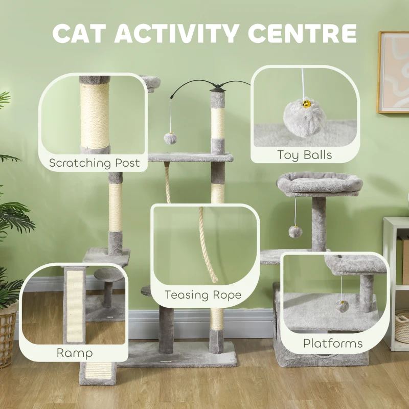 53" Cat Tree, Cat Tower with Scratching Posts, Cat Condo, Beds, Platforms, Toy Balls for Indoor Cats