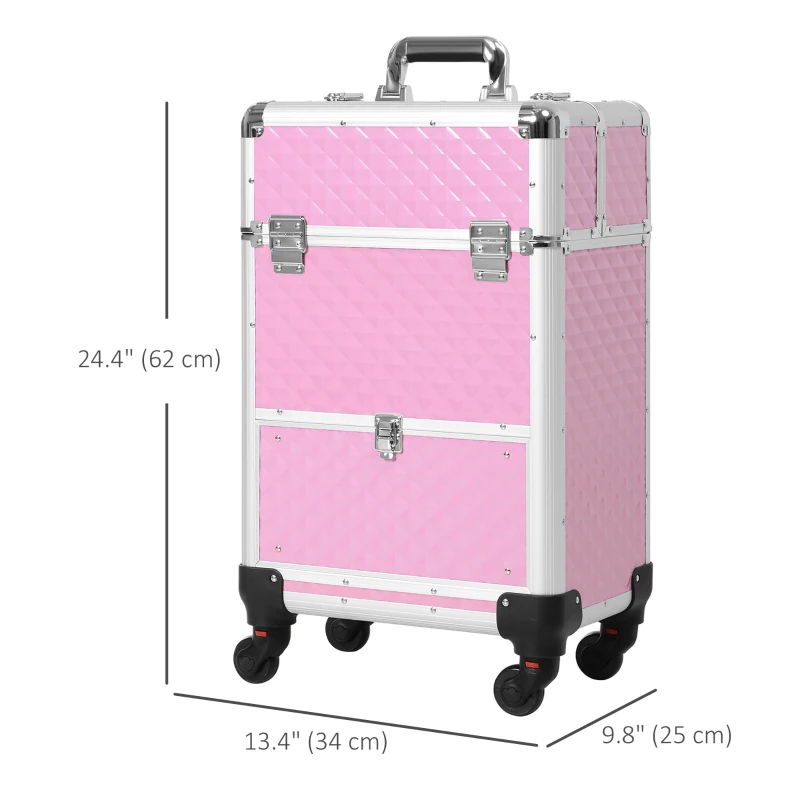 Portable Aluminum Makeup Train Cases, Rolling Makeup Case, Salon Beauty Cosmetic Jewelry Organizer Trolley with 4 Wheels