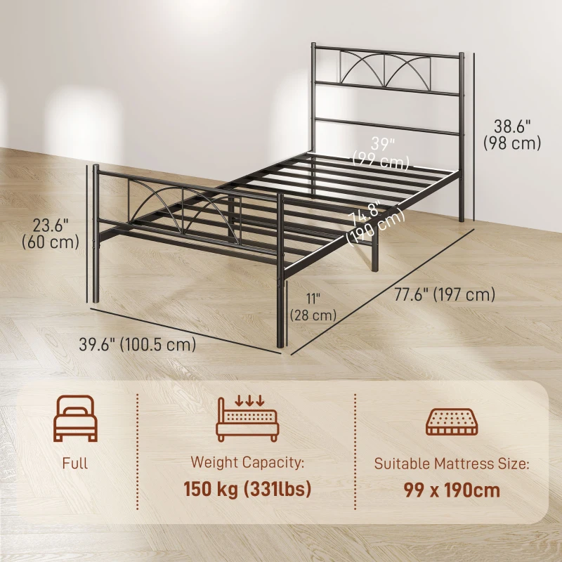 Metal Twin Platform Bed Frame with Headboard, Steel Slat Support, Underbed Storage, No Box Spring Needed