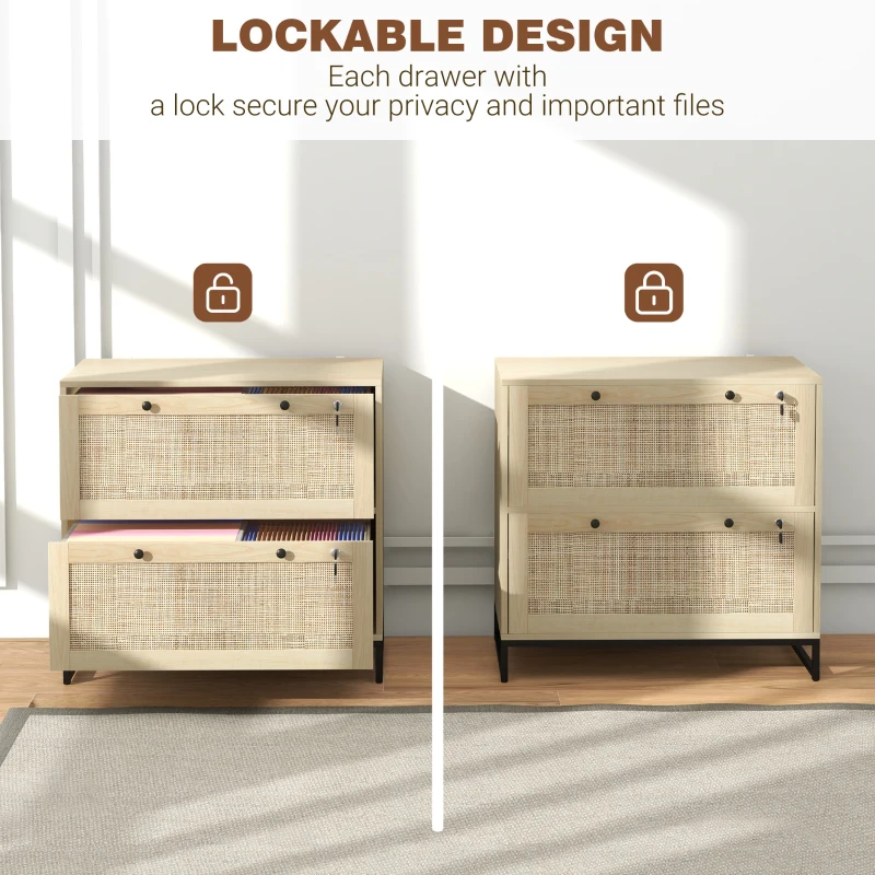 2-Drawer Filing Cabinet with Lock, Rattan File Cabinet with Adjustable Hanging Bar