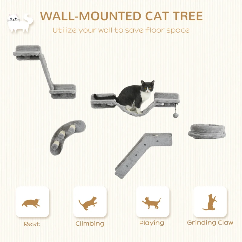 5PCs Cat Wall Shelves with Scratching Post, Ladder, Cat Bed, Jumping Platform, Perches, Toy Ball, Step