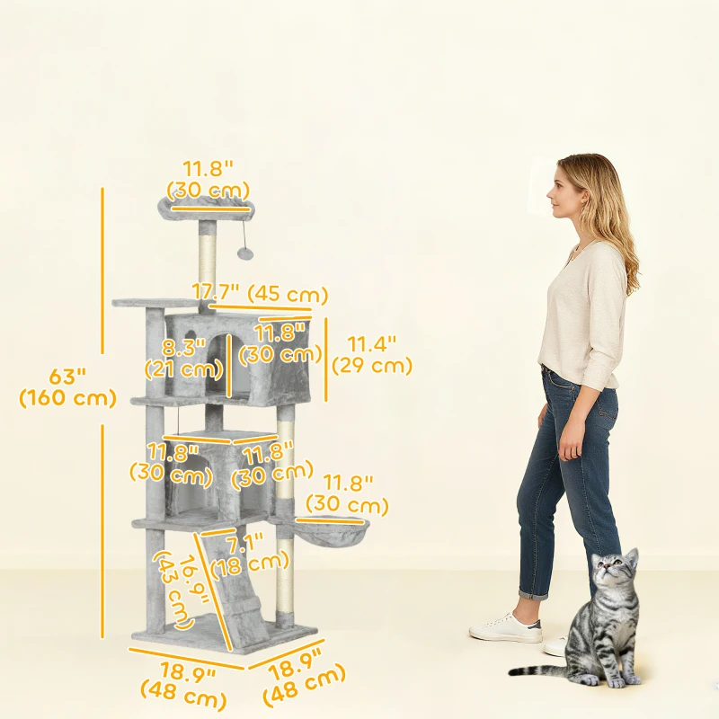 63 Inch Cat Tree with Sisal Scratching Posts, Condos, Plush Perches, Hammock, Ladder, Dangling Balls