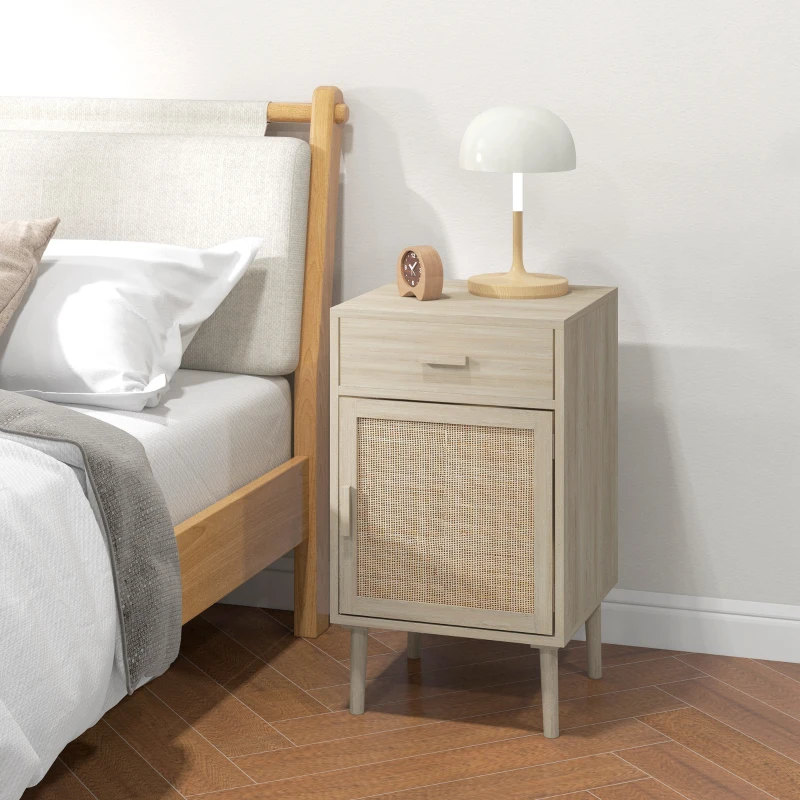 Bedside Tables Set of 2, Nightstands with Drawer, Rattan Cabinet, Adjustable Shelf