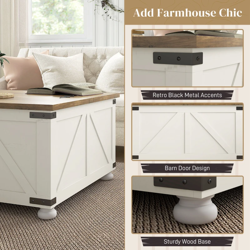Farmhouse Coffee Table, Square Center Table with Flip-top Lids, Hidden Storage Compartment and Wooden Legs