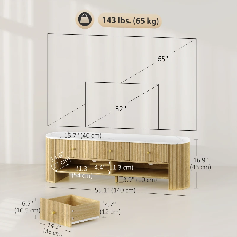 Modern TV Table with Marble-Effect Top, 3 Drawers and 2 Open Shelves for 32-65 Inch Television