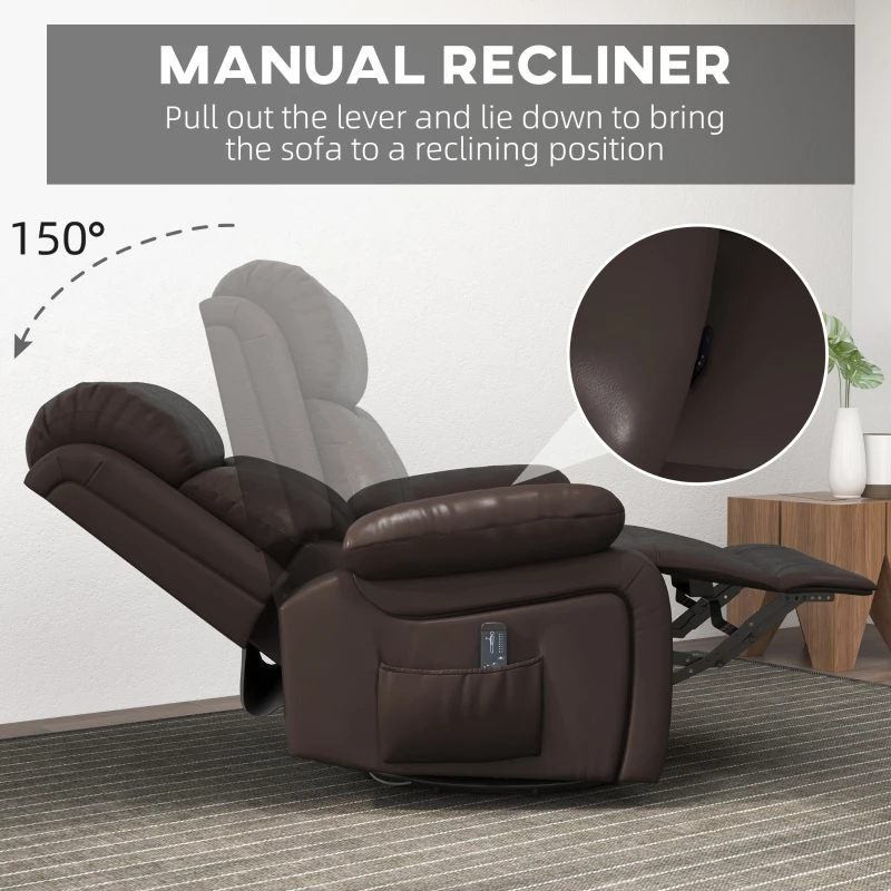 PU Leather Reclining Chair with Vibration Massage Recliner, Swivel Base, Rocking Function, Remote Control