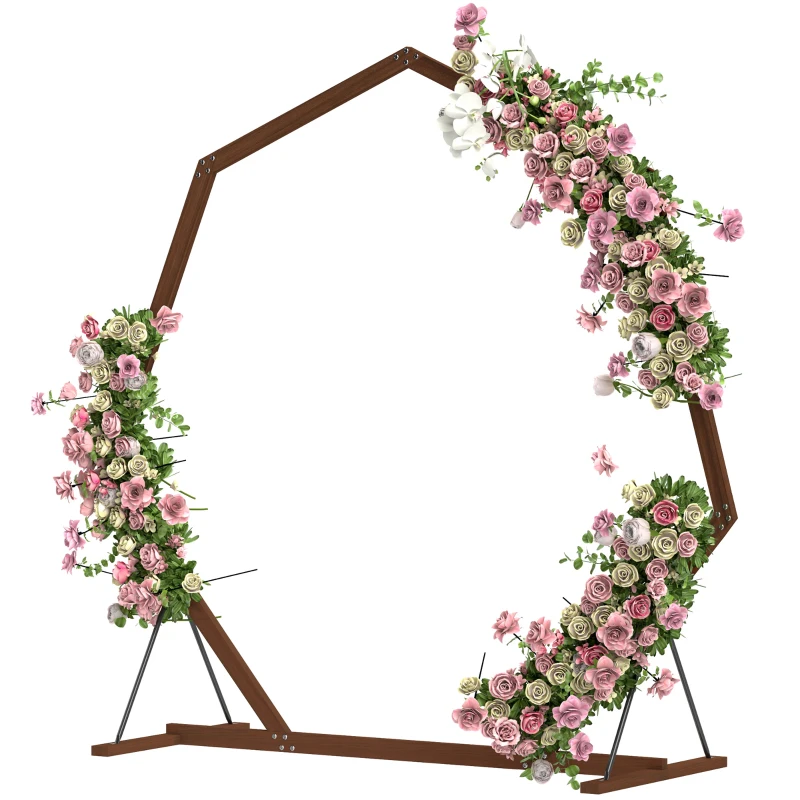 7FT Heptagon Wooden Wedding Arch with Triangular Base, Ground Stakes for Ceremony, Garden, Birthday