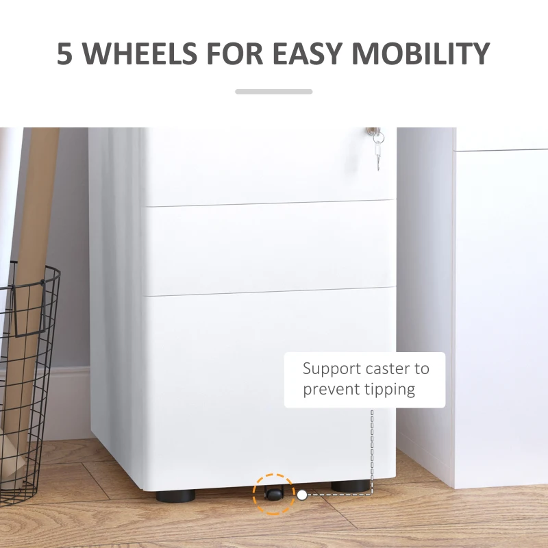 3 Drawer Filing Cabinet, Steel Home Office Storage Cabinet with Wheels, Lock