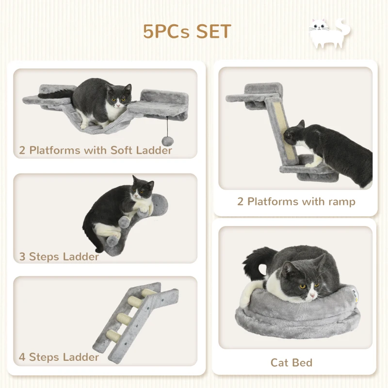 5PCs Cat Wall Shelves with Scratching Post, Ladder, Cat Bed, Jumping Platform, Perches, Toy Ball, Step