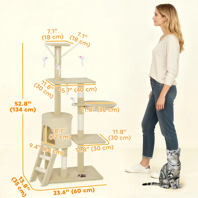 53" Cat Tree Tower, Kitten Activity Centre with Scratching Posts, Condo, Perches, Ladder, Hammock, Dangling Toys