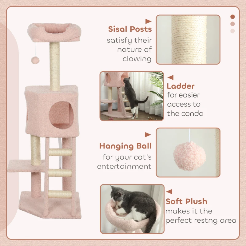 47" Tall Cat Tree Tower with Condo, Ladder, Scratching Posts and Hanging Ball