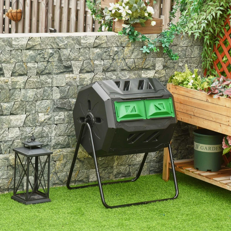Tumbling Compost Bin Outdoor Dual Chamber 360° Rotating Composter 43 Gallon with Sliding Doors