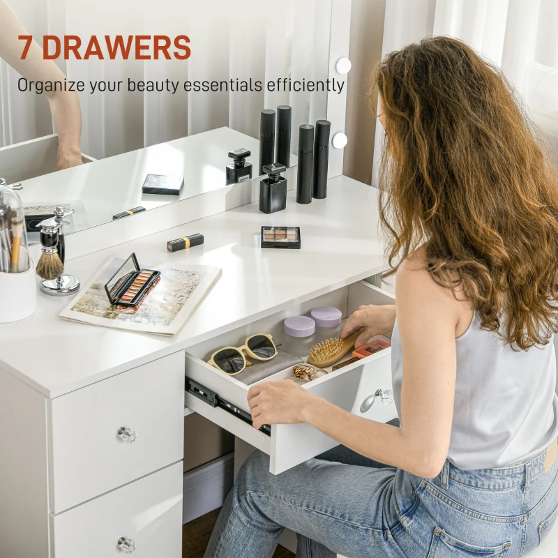 Makeup Vanity Table, Dressing Table with Mirror and Lights, Modern Makeup Table with 7 Drawers and 10 LED Lights