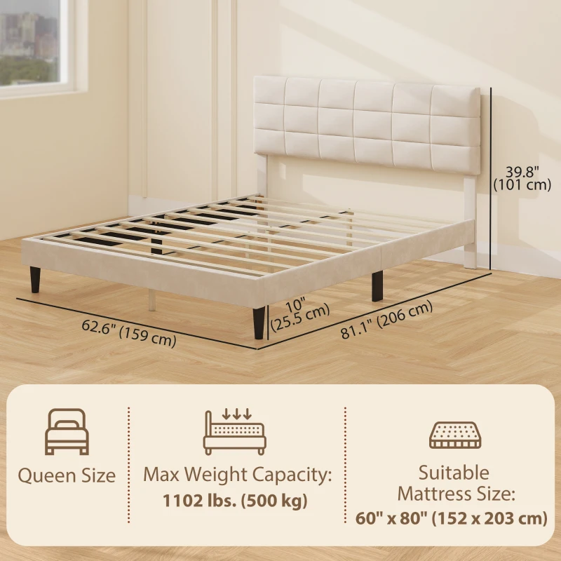 Queen Size Bed Frame with Upholstered Headboard, Modern Platform Bed Frame with Wood Slats, Cream