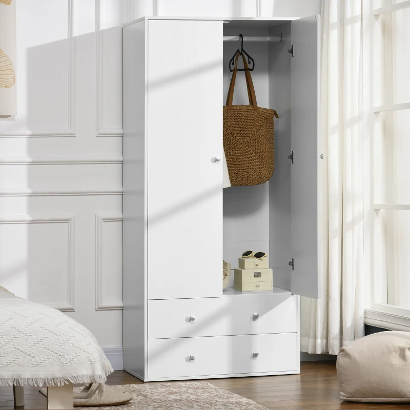 Modern Wardrobe Closet Armoire with 2 Drawers and Hanging Rod, Clothes Storage Organizer with Anti-tipping Design
