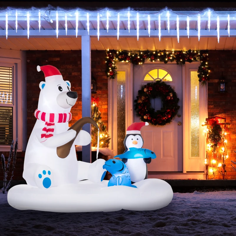  6ft Christmas Inflatable Polar Bear and Penguin with Santa's Hat Fishing on Board, Blow-Up Outdoor LED Yard Display for Lawn Garden Party