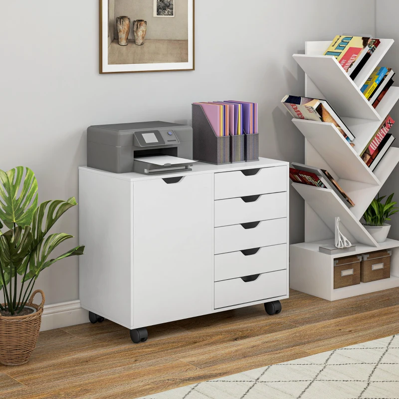 Mobile Filing Cabinet with 5 Drawers, Door and Adjustable Shelf, Rolling File Cabinet
