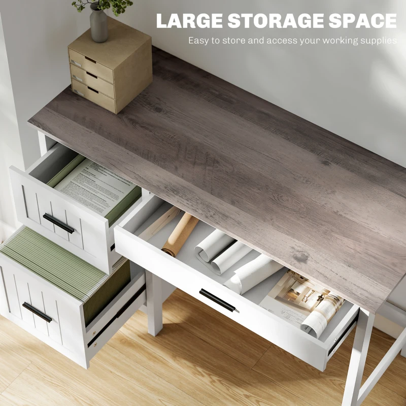 Computer Desk with 3 Drawers, Farmhouse Home Office Desk with File Drawer and Wood Grain Top