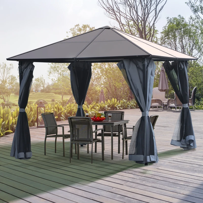 9.8' x 9.8' Garden Aluminium Gazebo Hardtop Roof Canopy Marquee Party Tent Patio Outdoor Shelter with Mesh Curtains & Side Walls