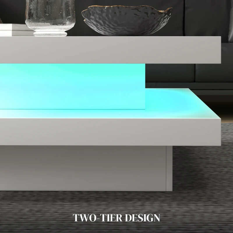 Square Coffee Table with 7 LED Lights and Remote, 2-Tier Modern Center Table