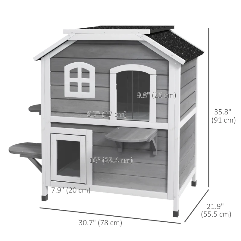 2-Storey Outdoor Cat House, Wooden Catio with Openable Roof, Lounge Space, Fun Entrances, for Feral Cats