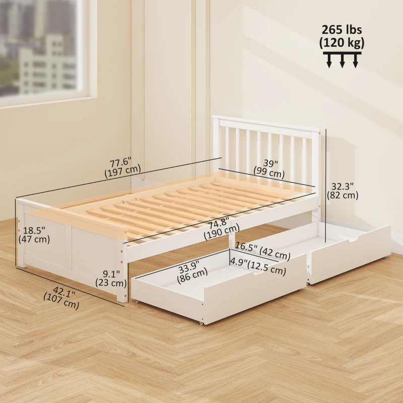  Pine Twin Bed Frame, Wood Storage Bed Frame with Drawers, Wood Slat Support, No Box Spring Needed