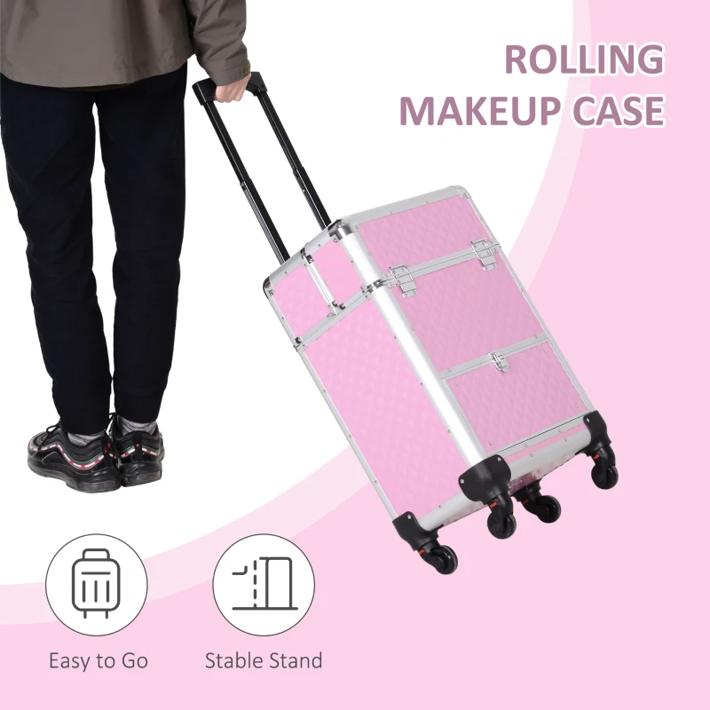 Portable Aluminum Makeup Train Cases, Rolling Makeup Case, Salon Beauty Cosmetic Jewelry Organizer Trolley with 4 Wheels