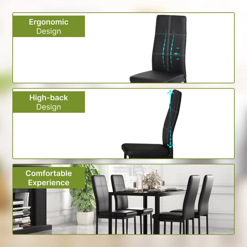 5-Piece Rectangular Glass Kitchen Table and Chairs with Metal Frame and Faux Leather Upholstery 