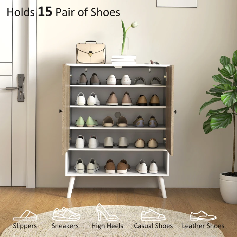 Shoe Storage Cabinet, 5-Tier Shoe Rack Cabinet with Doors, Adjustable Shelves, 15 Pairs, Natural Tone