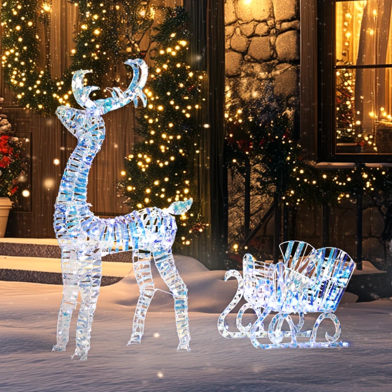  Lighted Christmas Reindeer with Sleigh, Outdoor Reindeer with 170 LED Lights and Stakes, Holiday Decor, Silver